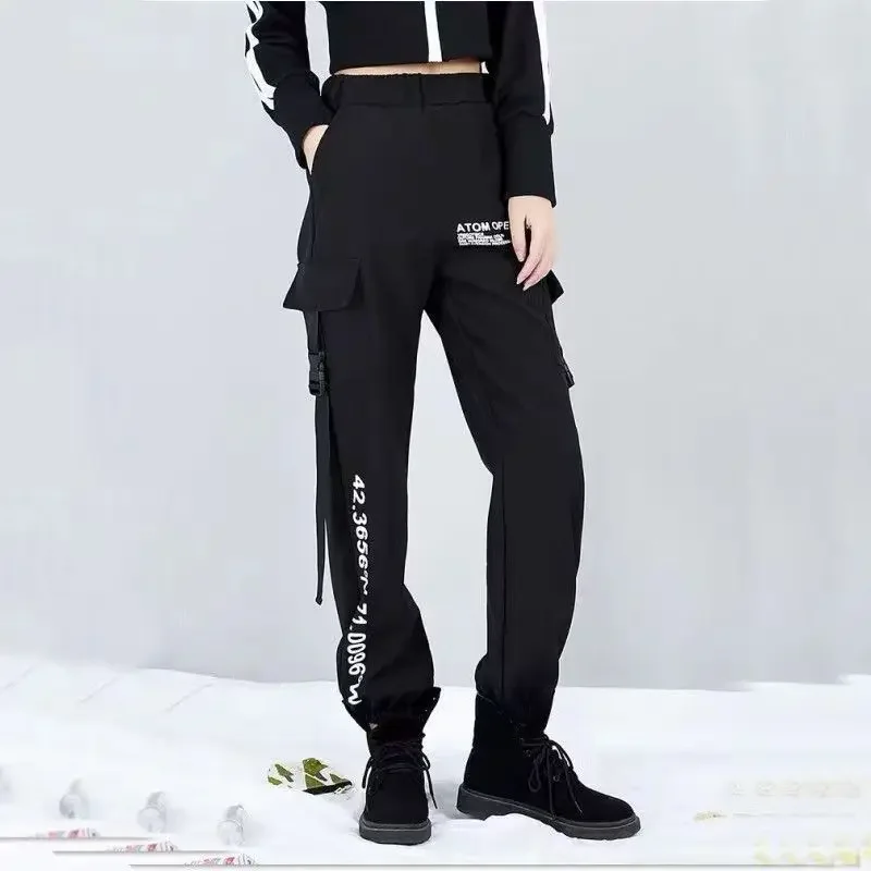 New Women Cargo Pants Ins Harem Pants Fashion Punk Pockets Jogger Trousers Chain Harajuku Elastics High Waist Streetwear Y19