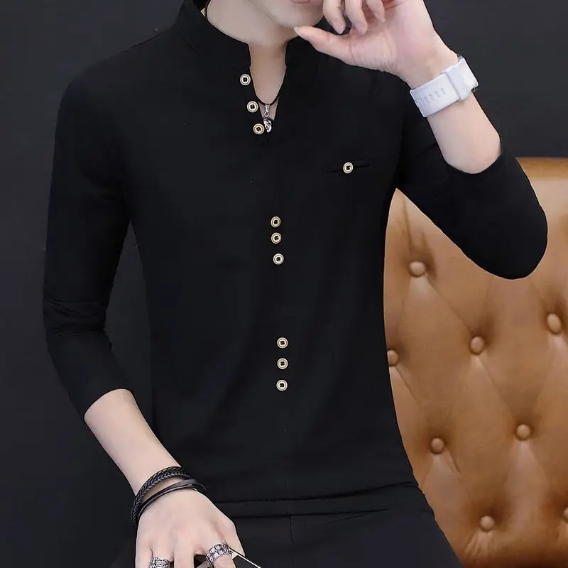 Fashion V-Neck Solid Color Button Spliced Loose Korean T-Shirt Men Clothing 2022 Autumn New Casual Pullovers All-match Tee Shirt