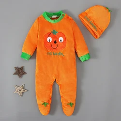 Children's European and American spring and autumn boys and girls long-sleeved Halloween pumpkin romper + hat two-piece chil