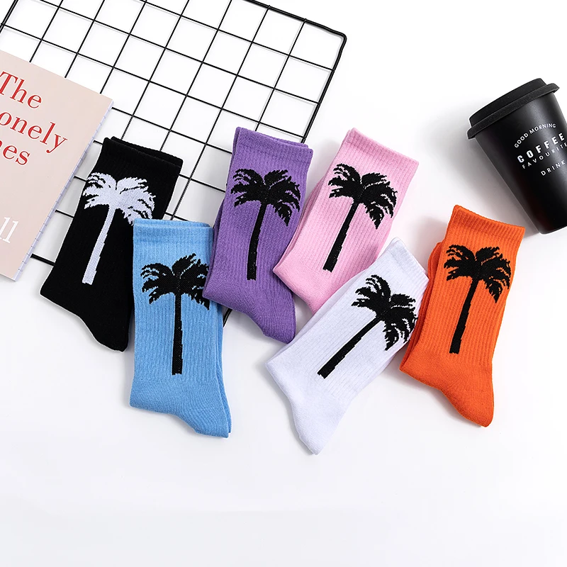 Street Fashion Happy Funny Coconut Palm Tree Cotton Rich Socks Cotton Adult Middle Calf Crew Socks Sandy Beach Colorful Leaf Men