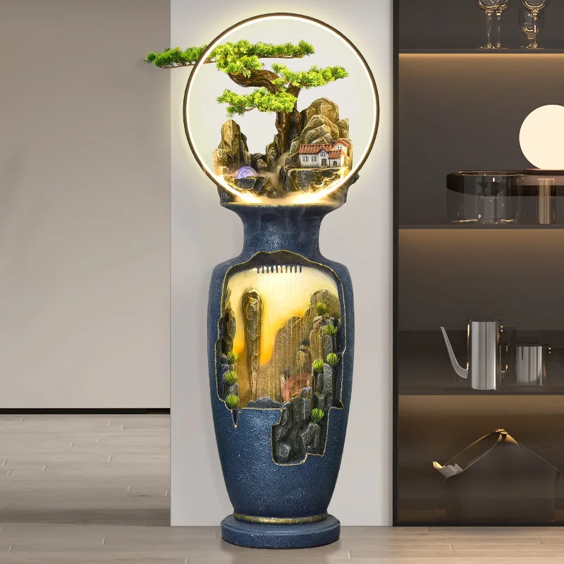 Feng Shui wheel living room entrance TV cabinet, next to the floor-to-ceiling water vase decorative ornament
