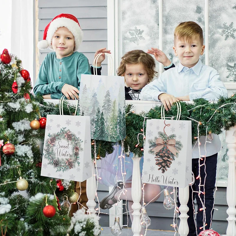 6/12/18 stücke Weihnachten Geschenk Taschen Elch Wald Weihnachten Baum Kraft Papier Süßigkeiten Geschenk Verpackung Tasche mit griff Neue Jahr Party Decor Versorgung – Detail 2