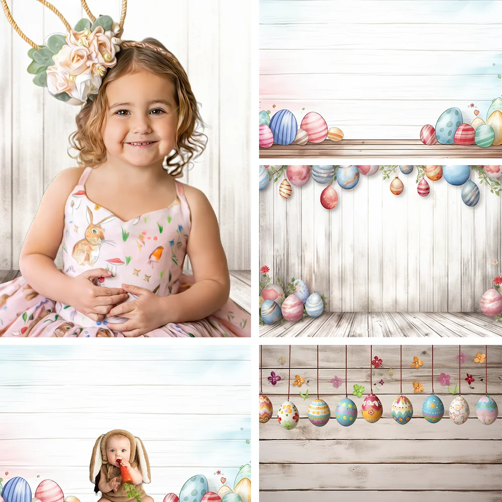 Spring Easter Photography Backdrop Easter Egg White Wood Vibrant Whimsical Doodle Baby Birthday Portrait Background Photo Studio