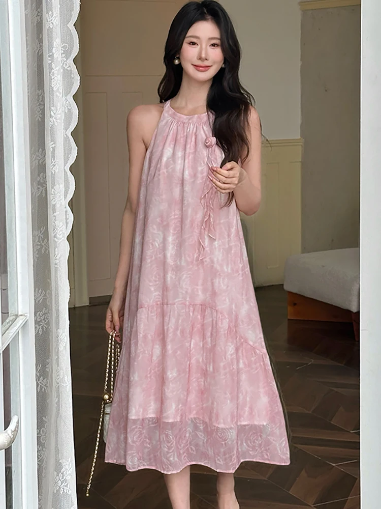 여성 핑크 플로럴 시크 러플 넥 드레스 여름 보헤미안 엘레강스 캐주얼 루즈 웨이스트 드레스 2025 한국 럭셔리 휴가 드레스