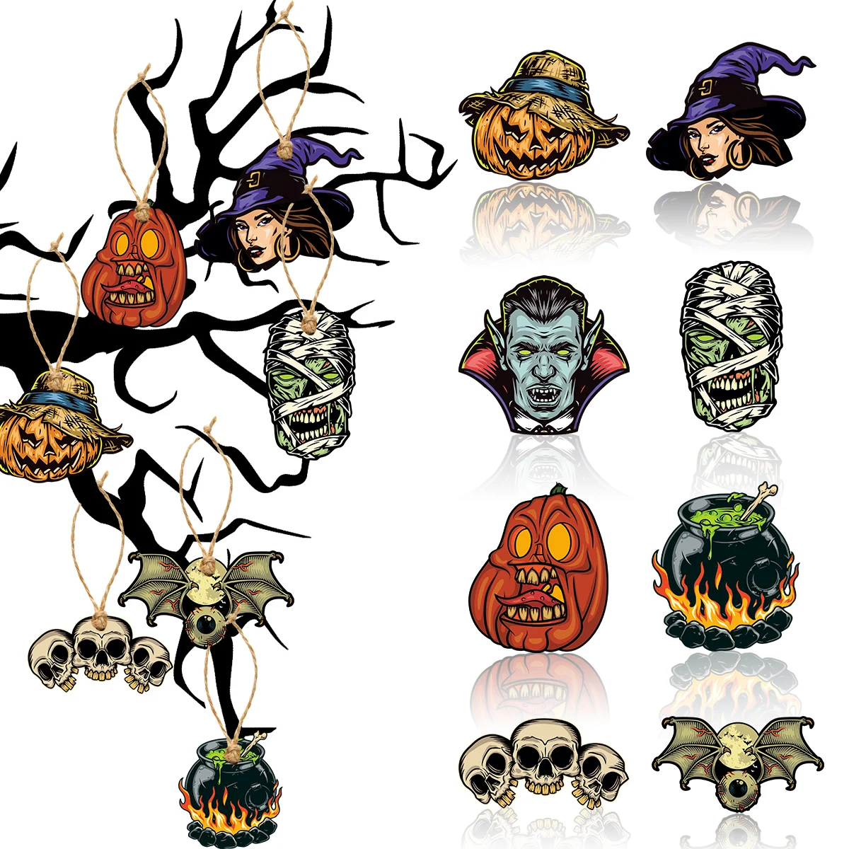8pcs Vintage Halloween Tree Ornament Decorations Horror Pumpkin Witch skull pendant Hanging Tag for Halloween Party home Decor