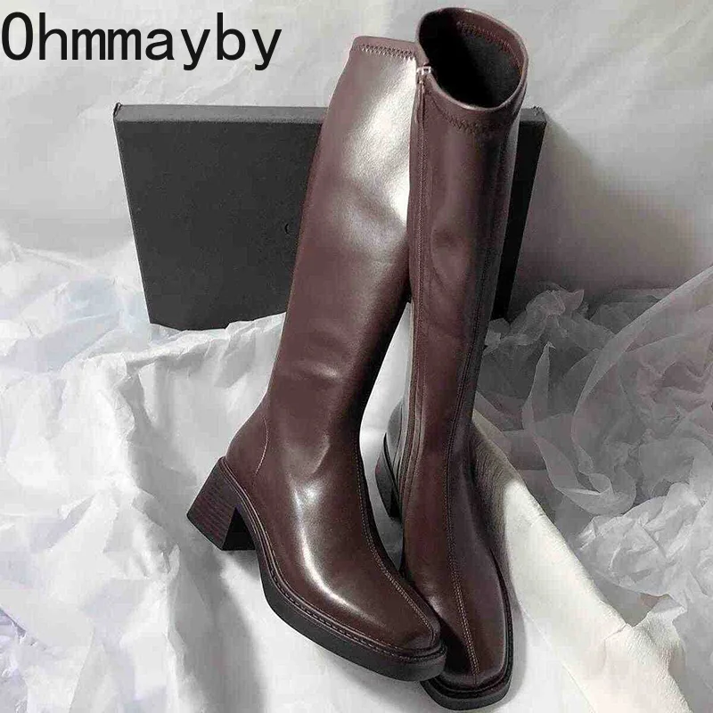 Botas hasta la rodilla De tacón grueso Vintage para Mujer, zapatos con cremalleras laterales a la moda, Botas largas concisas para Otoño e Invierno para Mujer