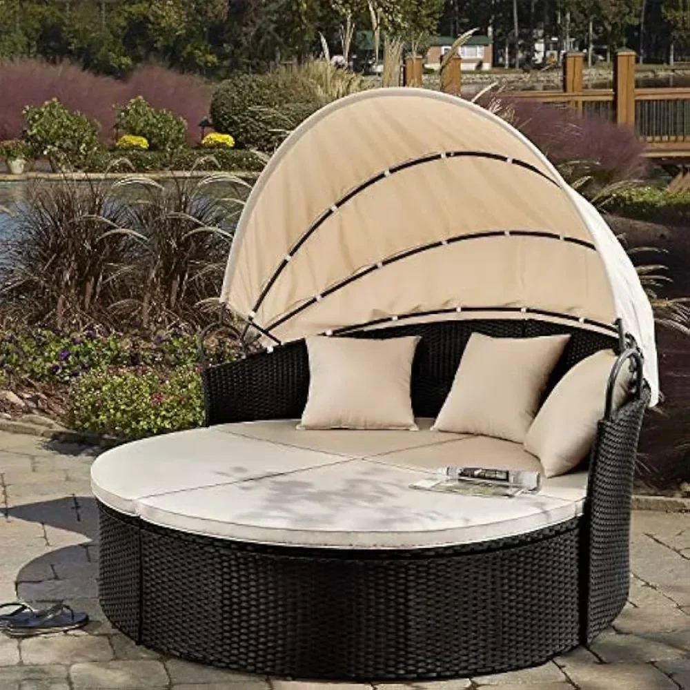 

Patio Furniture Outdoor Round Daybed with Retractable Canopy Wick Rattan Separated Seating Sectional Sofa for Patio Lawn Garden