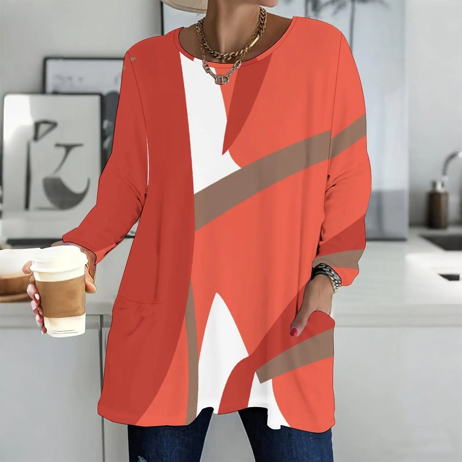 Women Round Neck Long Sleeve Front Pockets Loose Fit Longline Printed Top