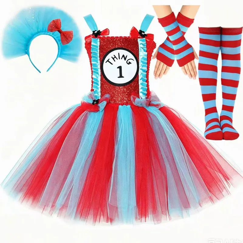 Sky-Blue Red-Striped Tulle Tutu Dress for Toddler Girls, Thing 1 & Thing 2 Themed Outfit, Kids Halloween Carnival Party Clothes