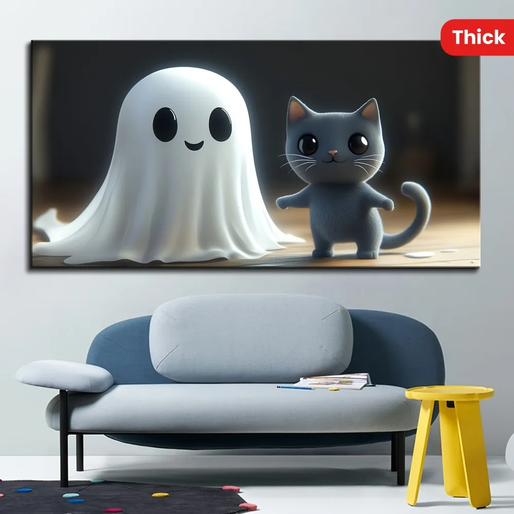 1.5 inch thick pine solid wood frame, vintage oil painting wall art, cute ghost hugging black cat poster, interior decoration