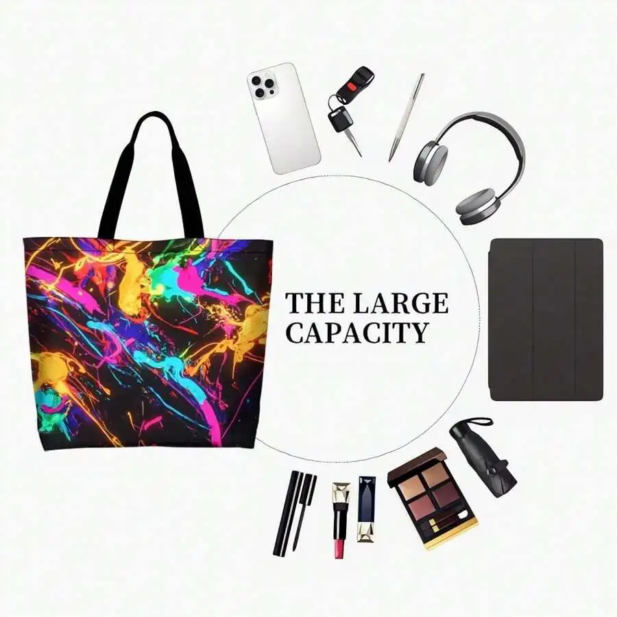 

Neon Paint Splatter Tote Bag UV Reactive Abstract Art Large Capacity Shopping Festival Rave Bag