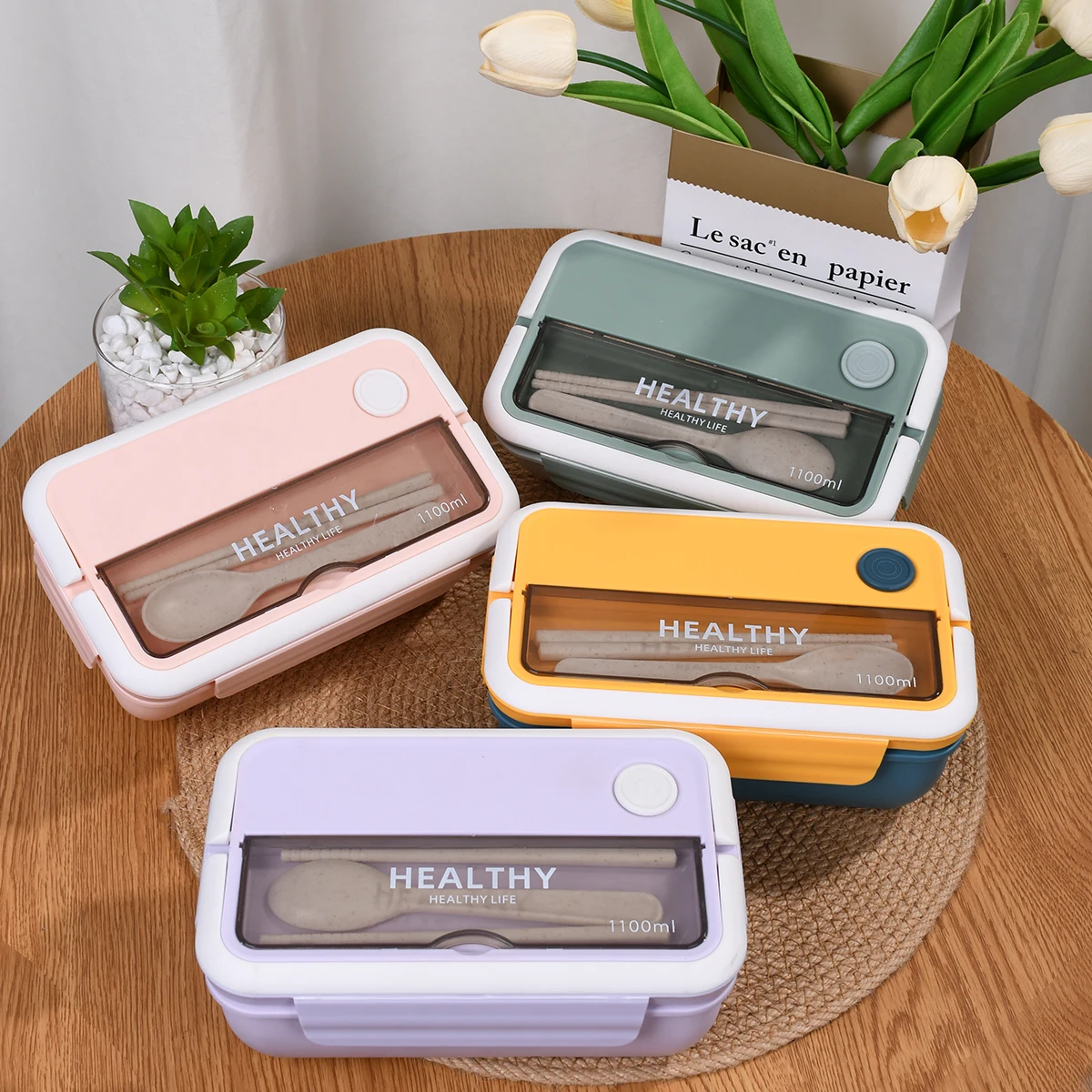 Rectangular 1100 ml lunch box with cutlery large capacity, layered food storage multi-functional seasoning box