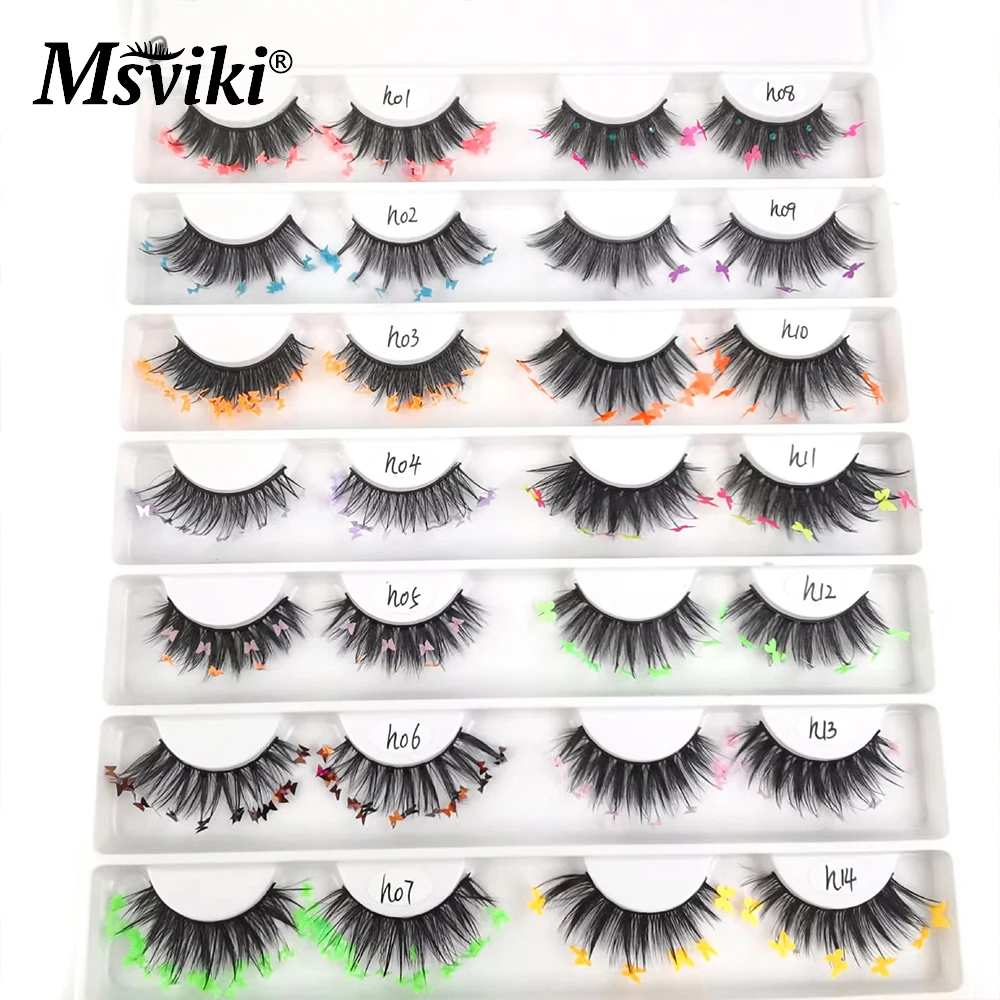 Flauschigen Natürliche 3D 5D Faux Nerz Wimpern Groß Großhandel Glitter Schmetterling Gefälschte Wimpern Box Paket Farbigen Wimpern Make-Up Liefert – Detail 9