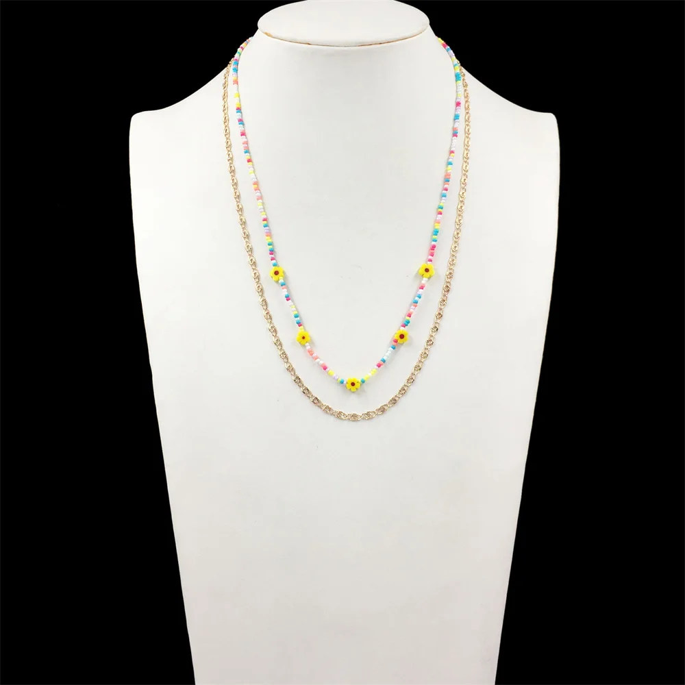 

Trendy Gold Color Yellow Colored Glaze Flower Multi Bead Strand Unique Chain Long Necklace For Women Girl Casual Elegant Jewelry