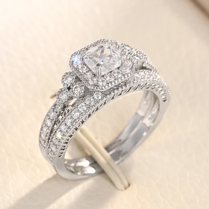 Huitan Fashion 2Pcs Set of Rings for Women Double Layer Stackable Fashion Jewelry Trendy Cubic Zirconia Stone Finger Accessories
