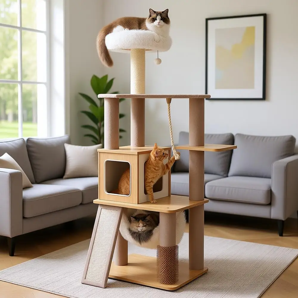 

61-ярусная деревянная башня-когтеточка для кошек класса люкс с лаунж-зоной, домиками, гамаком и когтеточками