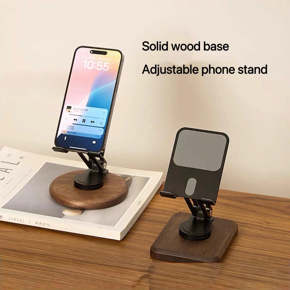 

Black walnut phone stand, adjustable for rotation and elevation, suitable for all tablets