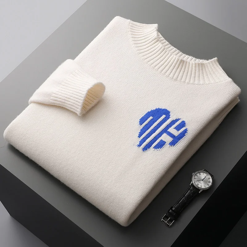 men's cashmere sweater with half high neck plus large size jacquard pullover thickened pure wool knitted bottoming shirt