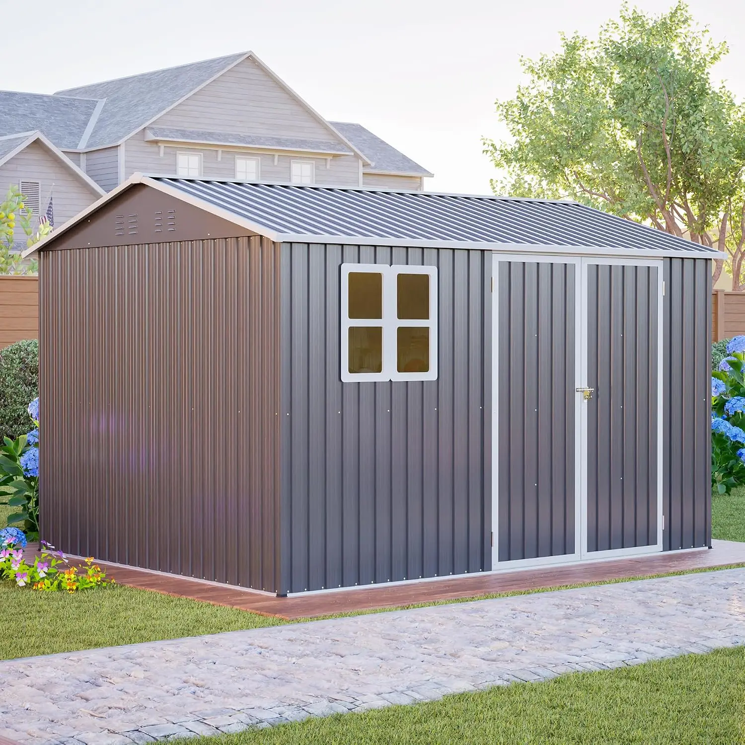 Steel Storage Shed Lockable Doors Sloped Roof Ventilated Outdoor Garden Tool Shed 122×94×79 cm, Customized