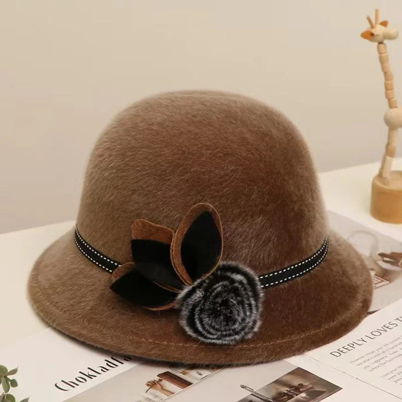 Mother Party Hat Elegant Mom Dome Cap Bow Bowler Wool Ladies Hat Autumn Winter Fedoras Cap Pure Color Hairball Vintage Jazz Cap