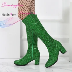 Green Glitter 7cm Chunky Heels 1960s 70s Retro Gogo Boots Costumes Cosplay Knee High GO GO Boots Womens Shoes Plus Size EU46