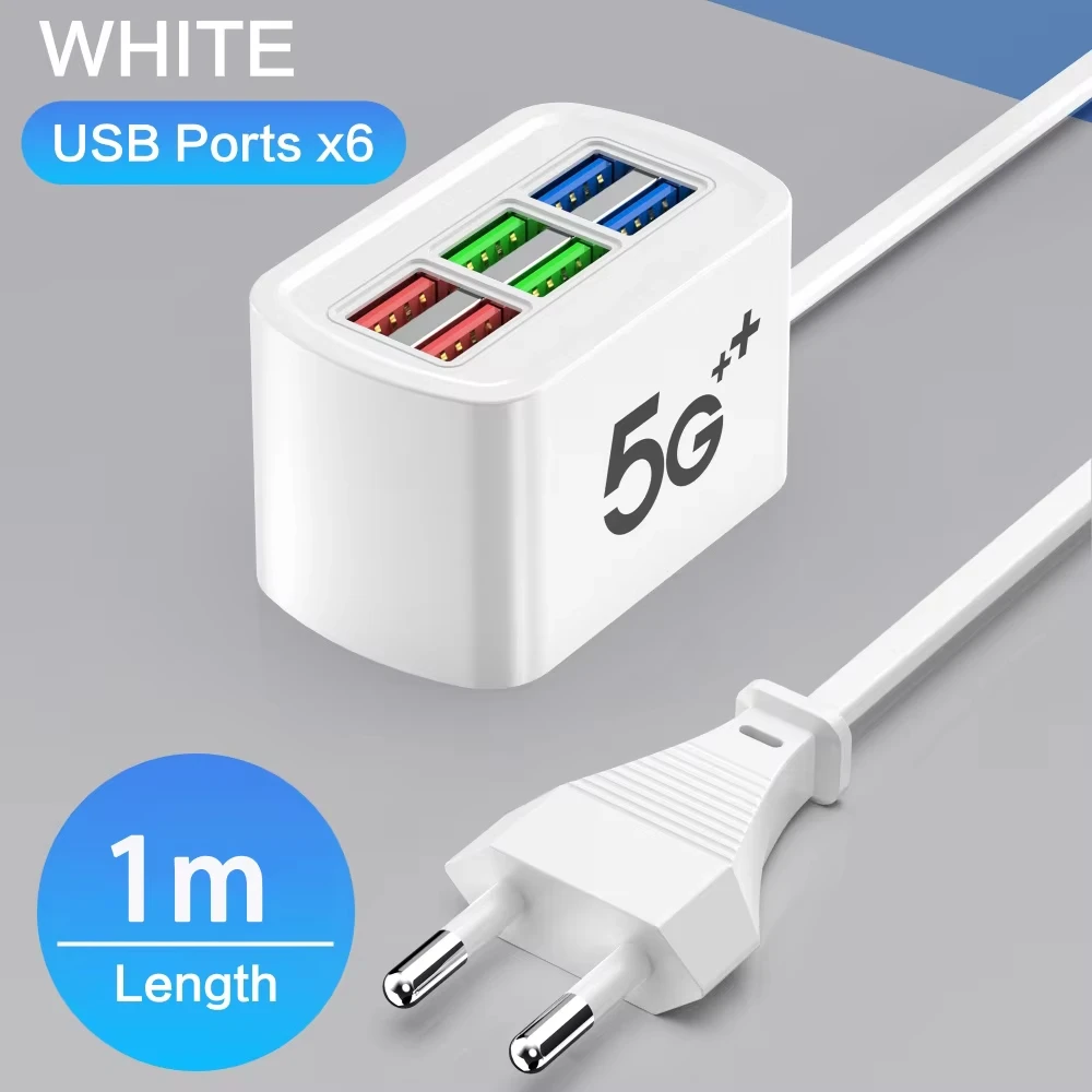 Schnelles USB-Ladegerät 6-in-1 Steckdosenleiste Desktop-Ladestation Schnellladung 1m Kabel USB-HUB-Adapter Steckdose für iPhone 16 Zuhause