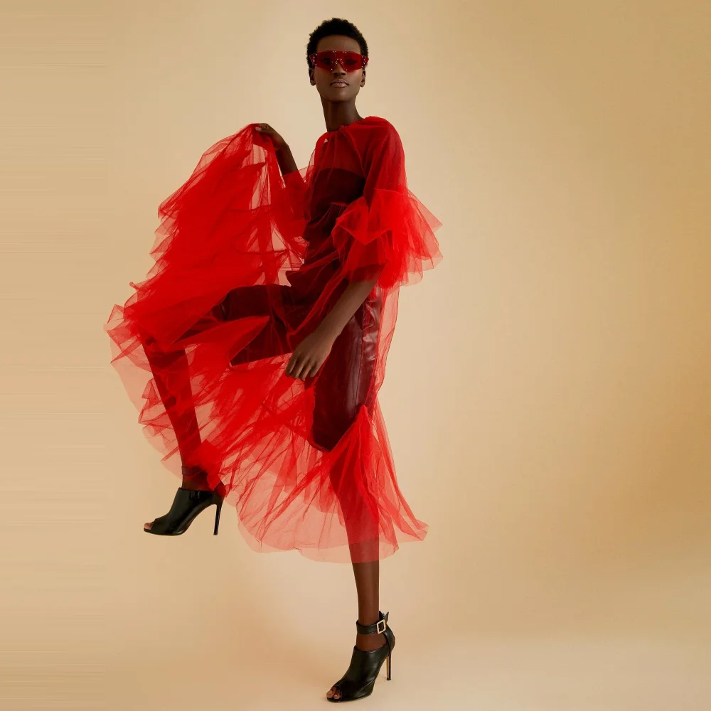 Boho galajurken geplooid donkerrood doorzichtige lange feestjurken gegolfde tule A-lijn maxi-jurk enkellengte