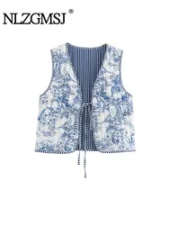 TRAF 2024 Autumn Women Vintage Printed Lace Up Sleeveless Quilted Padded Jacket Cotton Coat Vest Crop Top Y2K