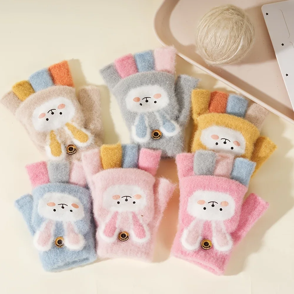 Flip Up Gloves Can Be Hand Washed, Cute Rabbit Warm, Unisex Knitted Cartoon Warm Gloves, Warm and Thick