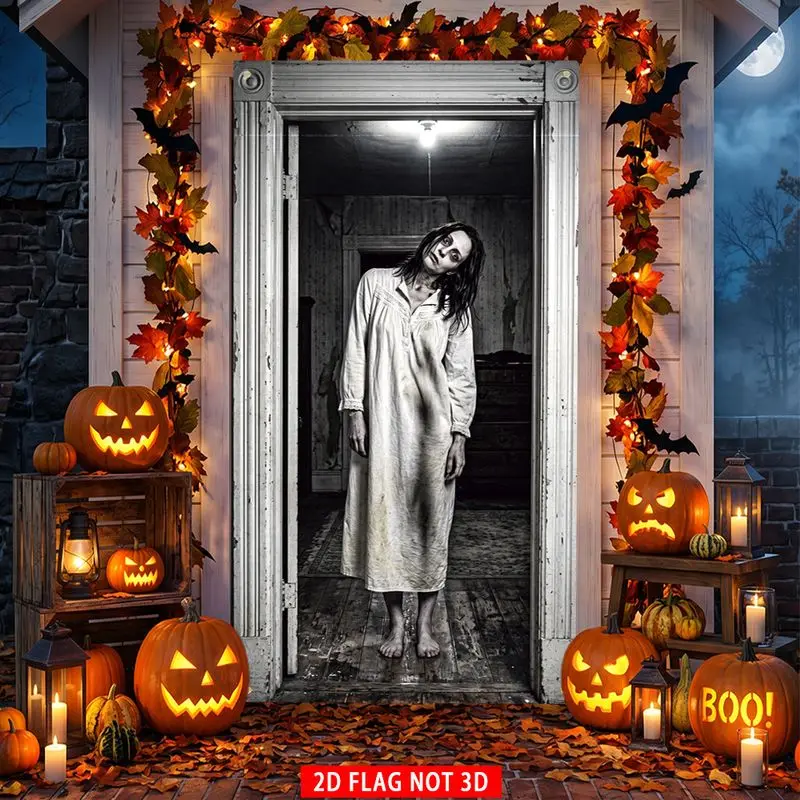 VIKAMA Horror Halloween Vertikale Türabdeckung Gruselige Geisterfrau Türbanner Spukhaus Outdoor-Party-Dekoration