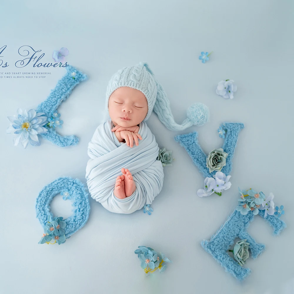 Blue Love Photography Theme Wrapping Props Knitted Night Cap Artificial Flower Photo Decoration Prop Studio Shooting Accessories