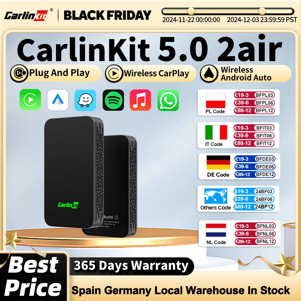 2024 CarlinKit 5.0 2air Wireless Android Auto Box Portable CarPlay Wireless Dongle For Car Radio with Wired CarPlay/Android Auto