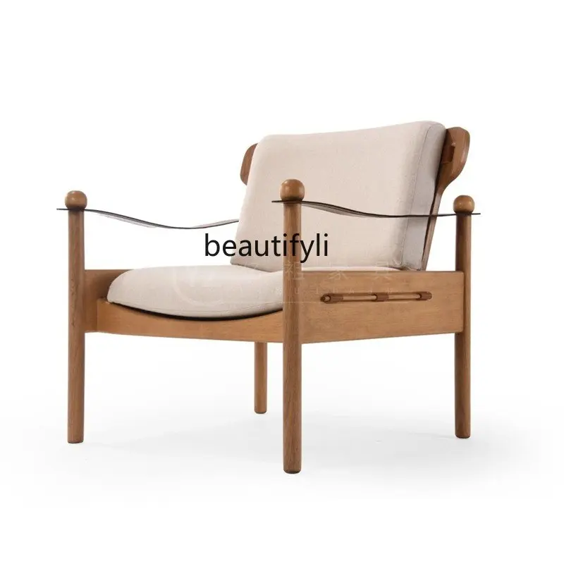 Nordic  Solid Wood Single-Seat Sofa Chair Retro Leather Fabric Leisure Chair Exhibition Hall Sales Department Reception Chair