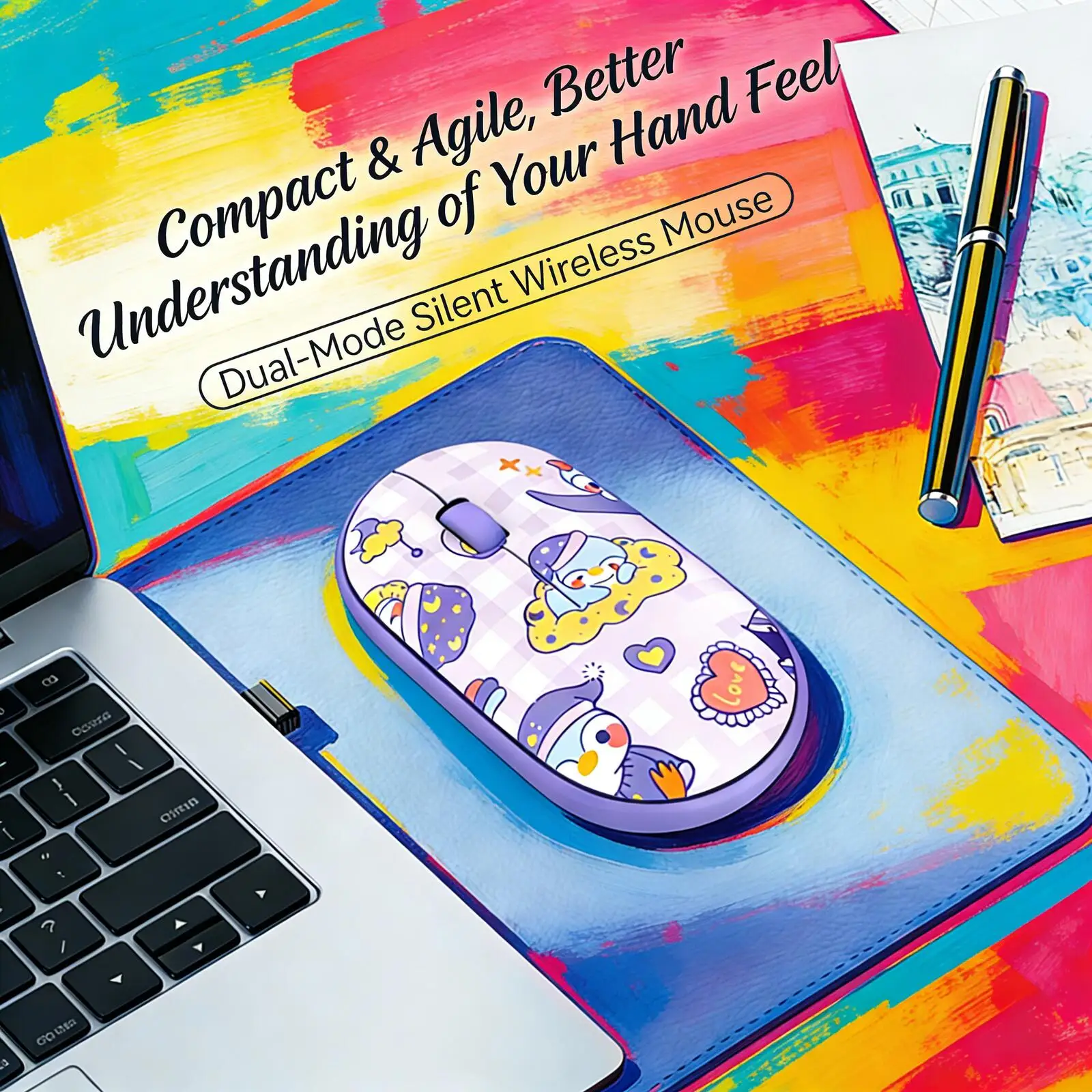 New Fashion Painted Dual-Mode Wireless Mouse 2.4G+Bluetooth Slim Portable Silent Click Ergonomic for PC Laptop Girls Office Gift