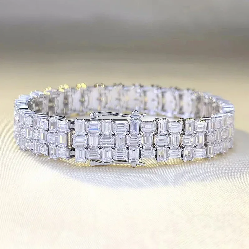 

New 925 Silver Luxury Set with Full Diamond Square Bracelet, Female Impossible Design, European and American Wedding Jewelry