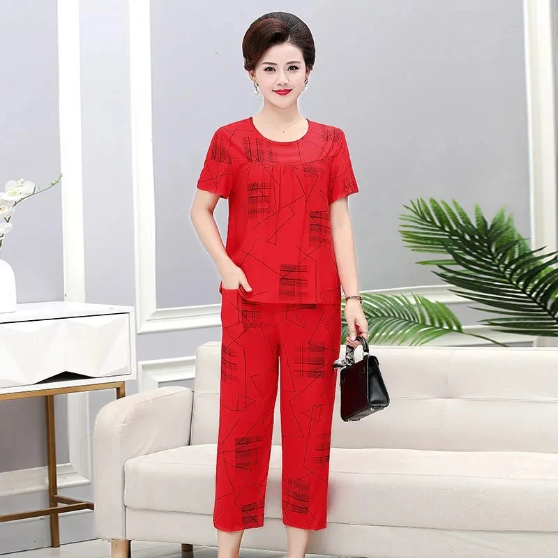 Middle-Aged And Elderly Women's Summer Cotton Linen Pajamas Set Size 5XL Thin Home Clothes Two-Piece Mother's Outer Wear Pajamas