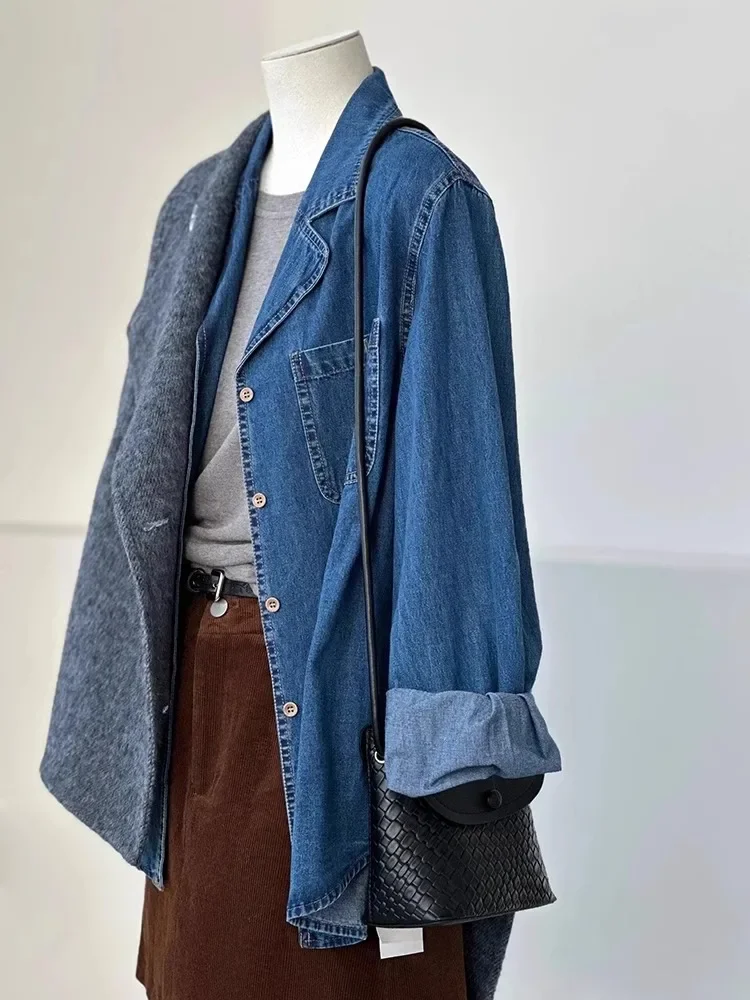 European Retro Collar Blue Denim Jacket For Women'S Autumn New Design Sense, Layered Casual Versatile Top