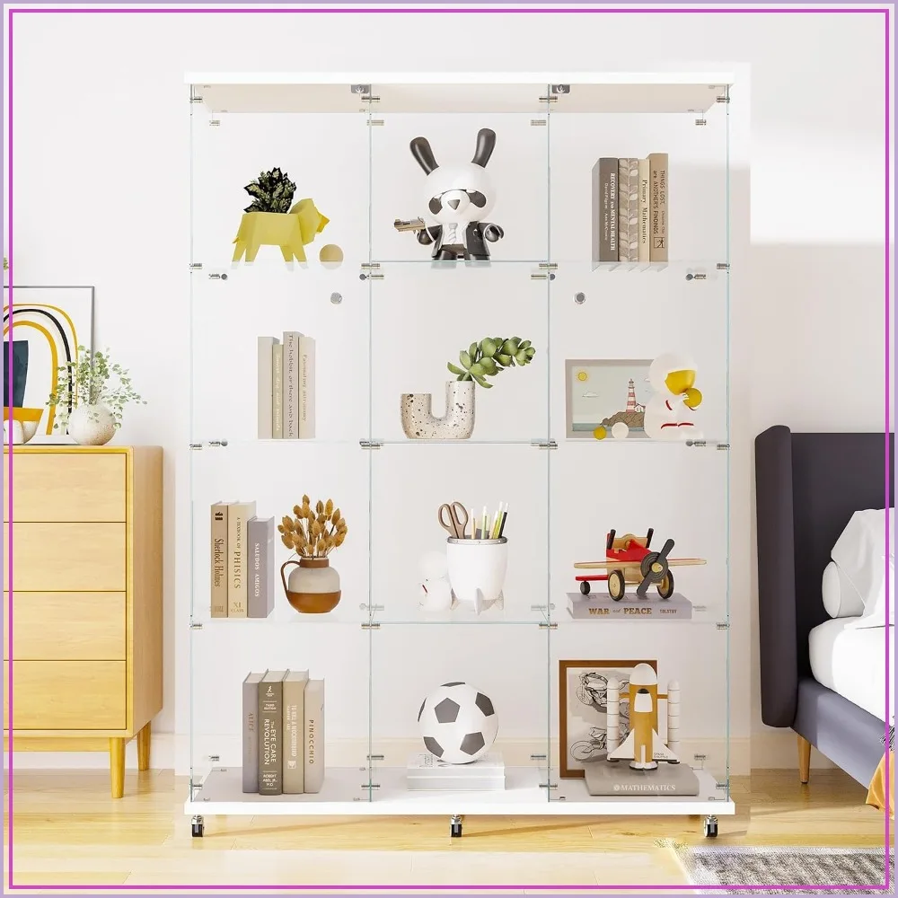 12-Shelf Glass Display Cabinet with Lock, White Display Case for Collectibles, Home or Retail Use
