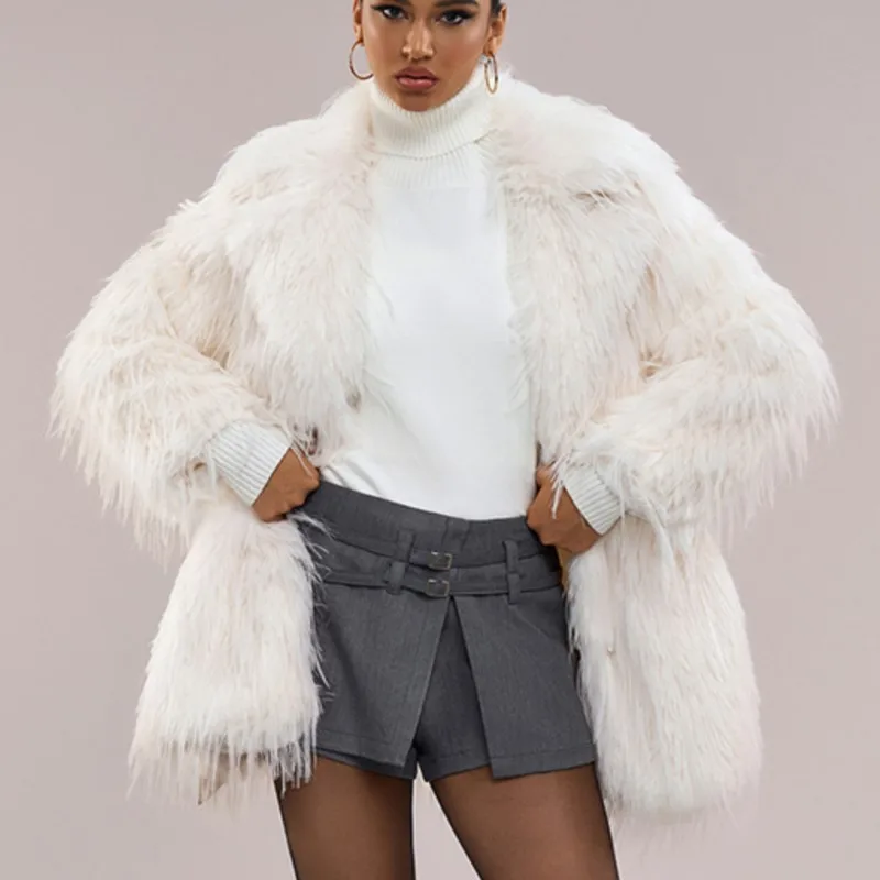 2025 Otoño Invierno piel esponjosa chaqueta larga de Color sólido prendas de vestir exteriores Retro piel sintética de zorro Tops espesar cálido chaquetas con cinturón largo abrigos