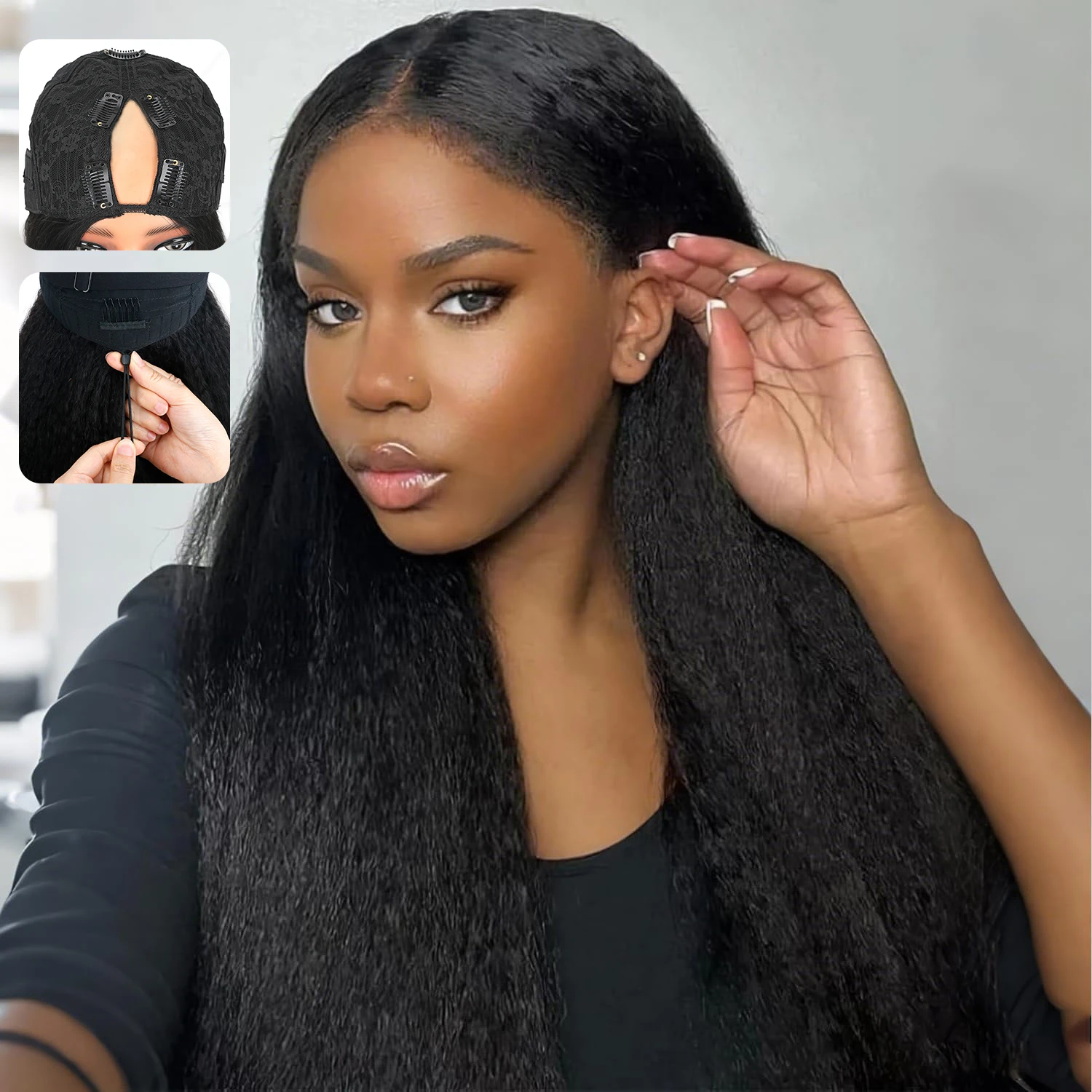 

Парик из натуральных волос с V-образным вырезом, 250% плотность, прямые кудрявые волосы, для женщин, с улучшенной системой крепления на шнурке, без клея, без необходимости оставлять свои волосы, без пришивания, натуральный цвет