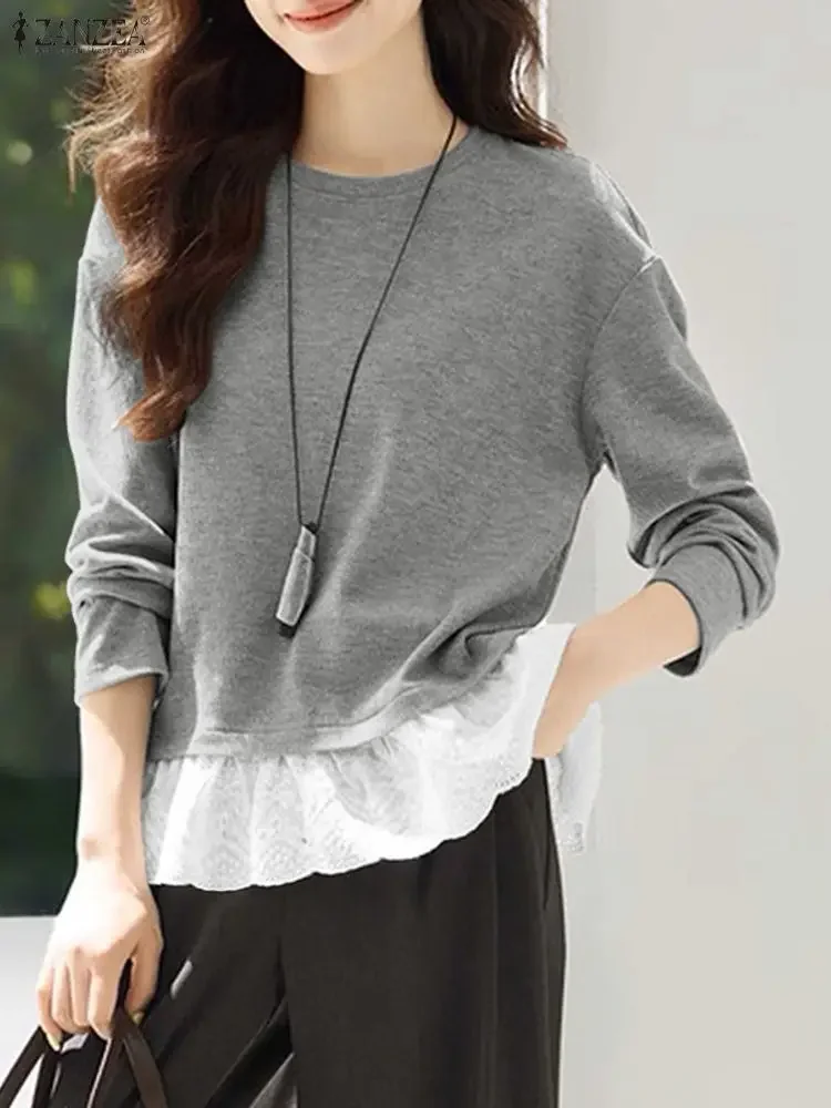 2025 ZANZEA Fashion Women Pullovers Sweatshirts Lace Patchwork Solid Jumpers Autumn Long Sleeve Casual Elegant Street Blusas