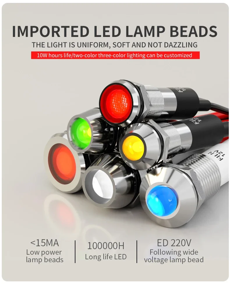 FILN 8mm Metall-Anzeigelampe 12V/24V Rot-Grün LED Zweifarbig Rot-Grün-Blau Signalleuchte Pilotlicht CE UL Zertifizierung – Detail 6