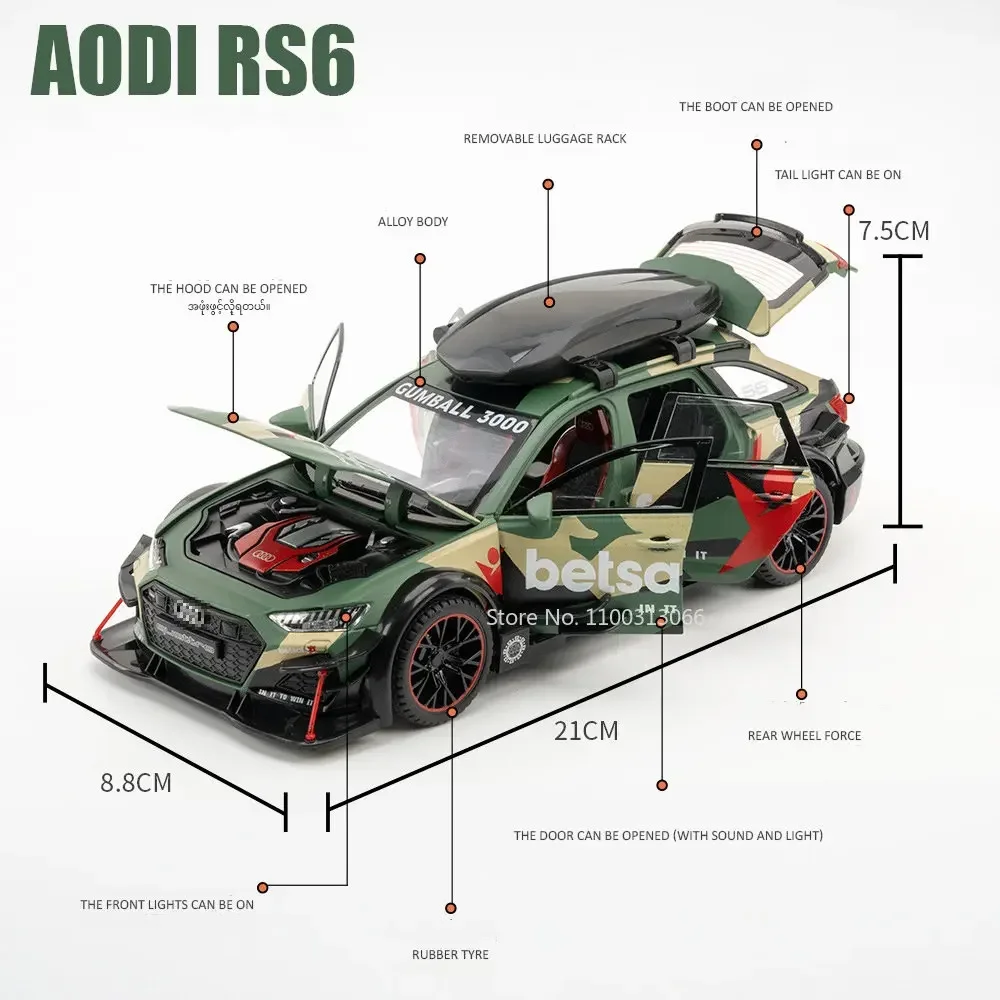 1/24 Alloy RS6 Modified Version Car Model Simulation Diecast Toy Vehicle with Light Sound Pull Back Sports Car for Children Gift