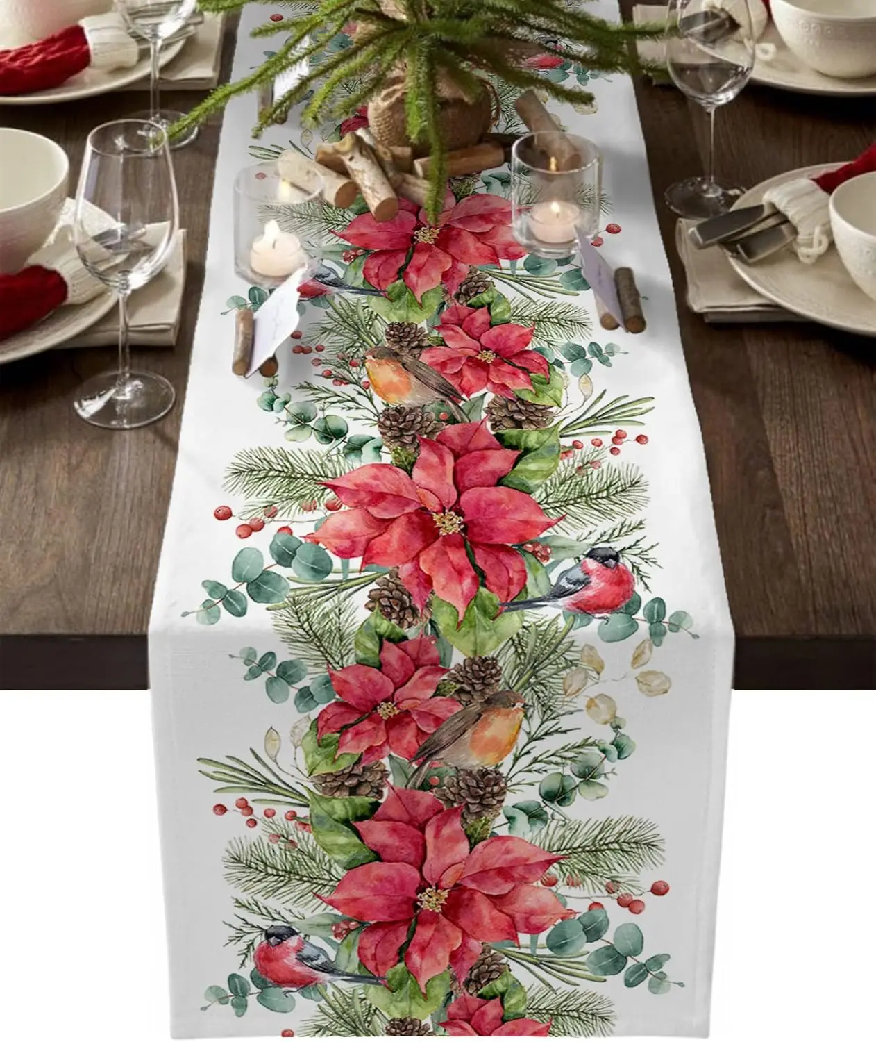 Christmas Poinsettia Holly Berries Table Runner Party Decor Washable Winter Kitchen Dining Table Runner Christmas Decorations