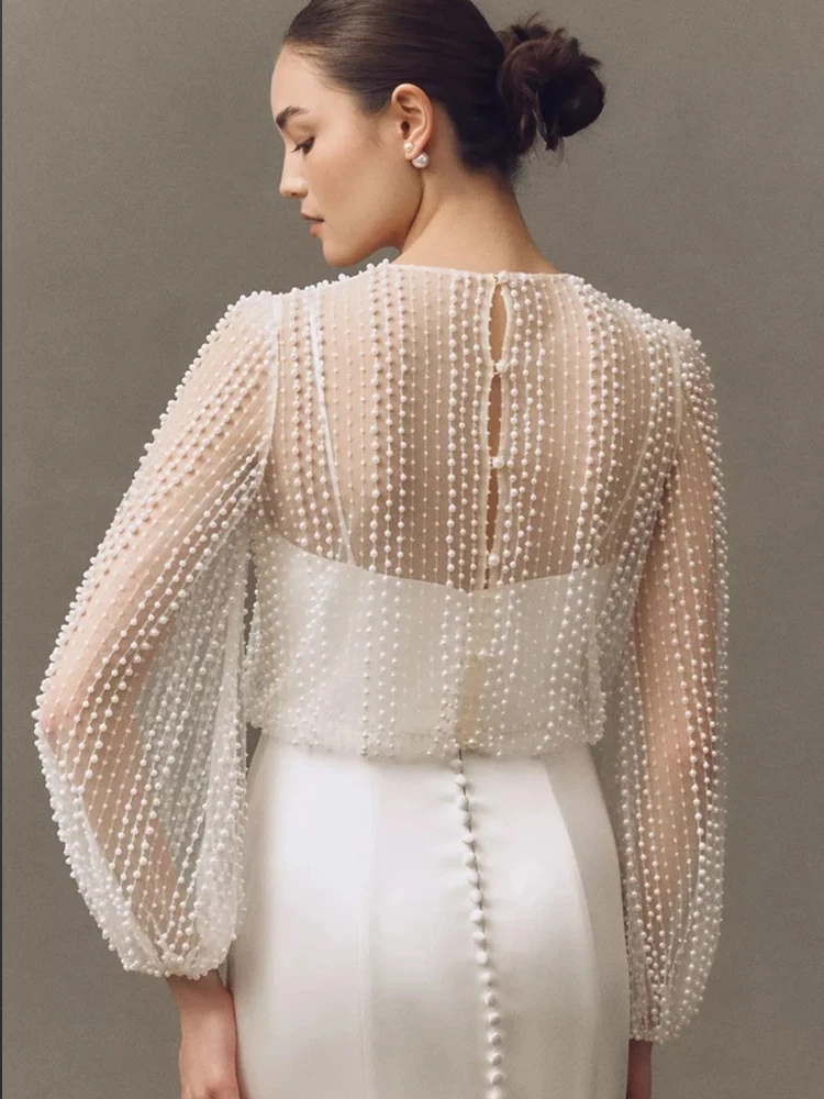 Perlen-Bolero-Topper-Jacke für die Braut, mit Perlen verziert, für Hochzeitskleider, lange Ärmel, Brautjacke, individuell gestaltet