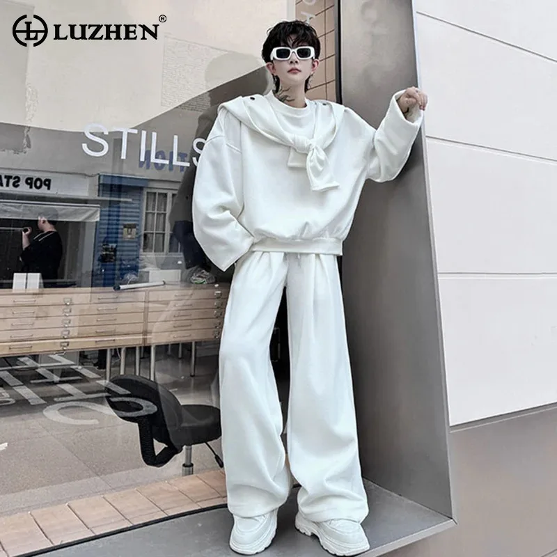 LUZHEN Original Street Two-piece Sets Solid Color Shawl Decorate Hoodies Pullover Men Trendy Baggy Straight Casual Pants JY4529