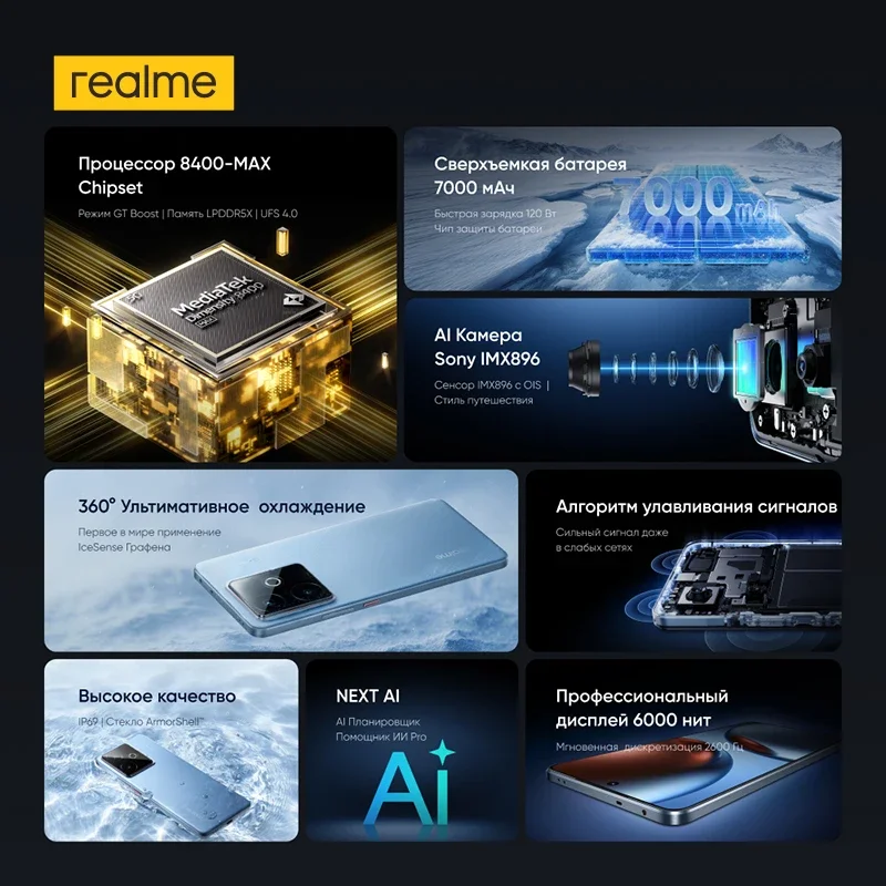 러시아어 버전 스마트폰 realme GT 7T 5G Dimensity 8400-MAX 칩셋 7000mAh 배터리 120W 충전 50MP OIS 카메라 NFC