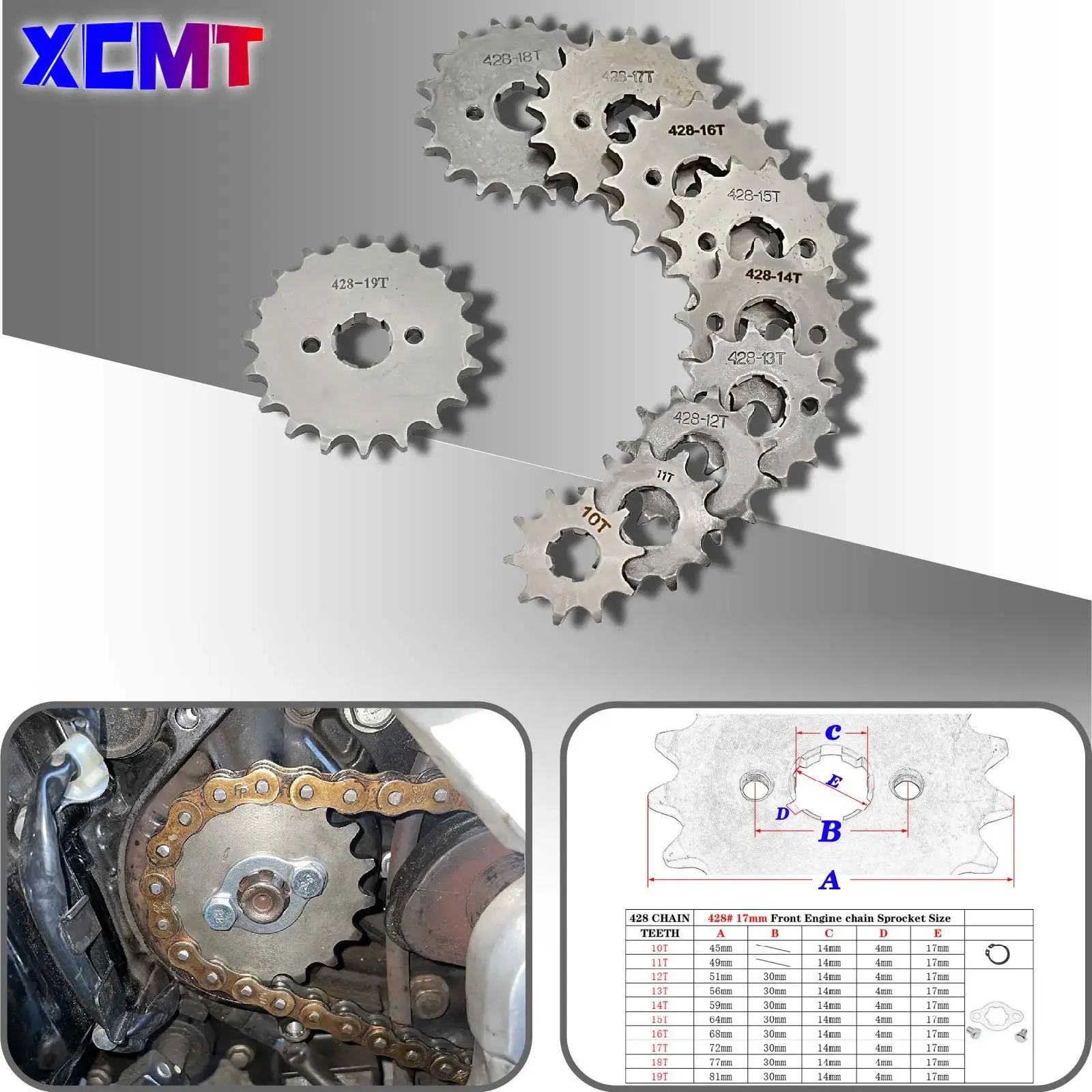 

Front Engine Sprocket 428 Chain 17/mm 10t 11T 12t 13T 14T 15t 16t 17T 18t 19T Teeth, For 50cc to 125cc Off-road Bicycle ATV