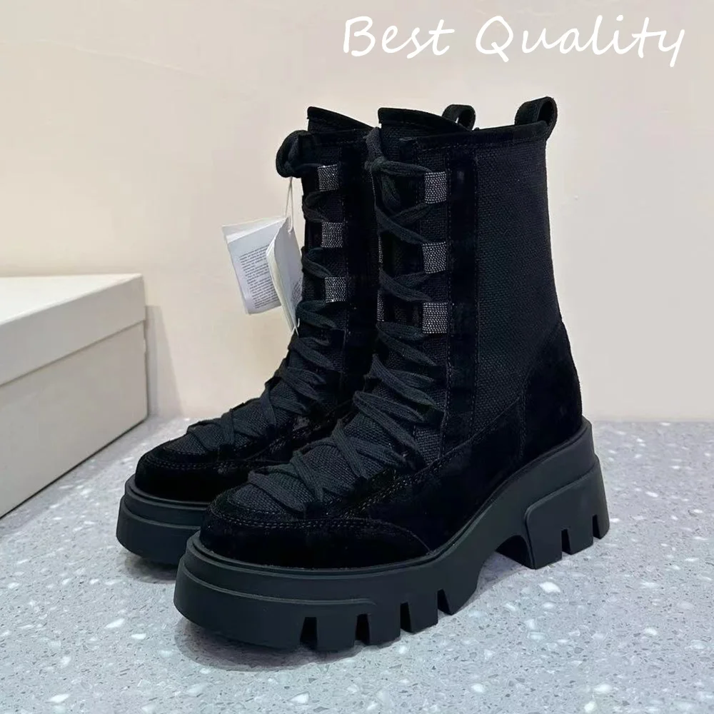 2024 Winter Chelsea Short boots High Top Lace Up Flat Platform Shoes For Women Round Toe Suede Patchwork Sneakers Casual Walking