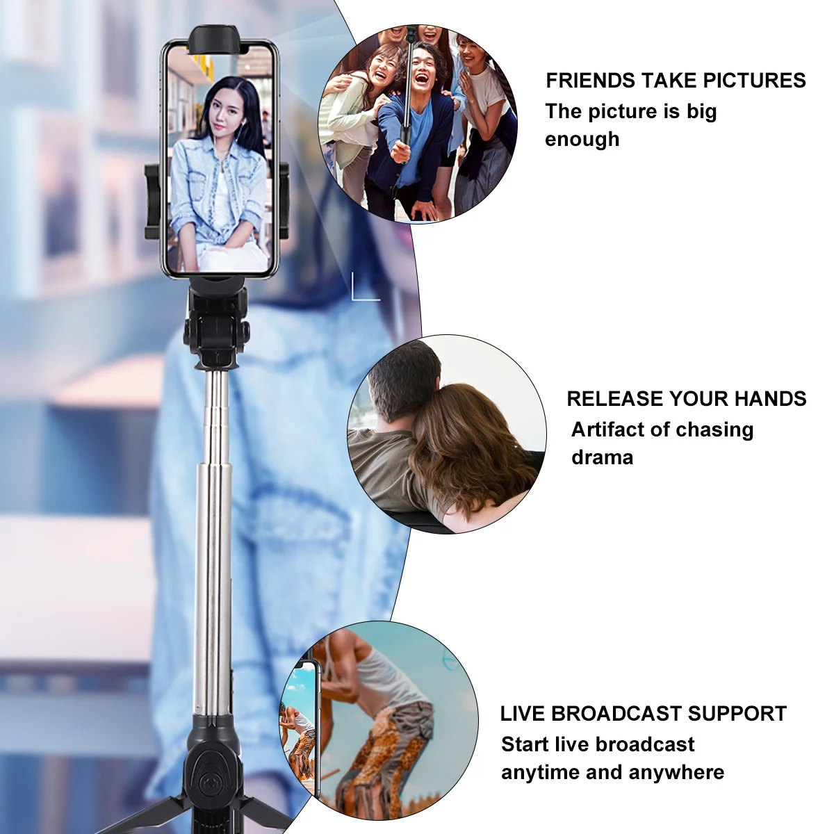 2 In 1 Selfie Stick Tripod 76Cm Phone Holder Stand With Wireless Rotation For Portrait Photography Tripod Selfie
